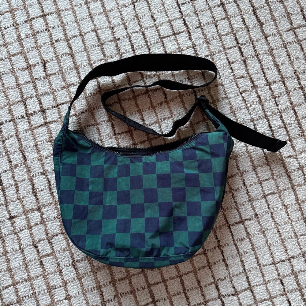 Baggu Medium Nylon Crescent Crossbody Bag Blue Green Checks Gingham